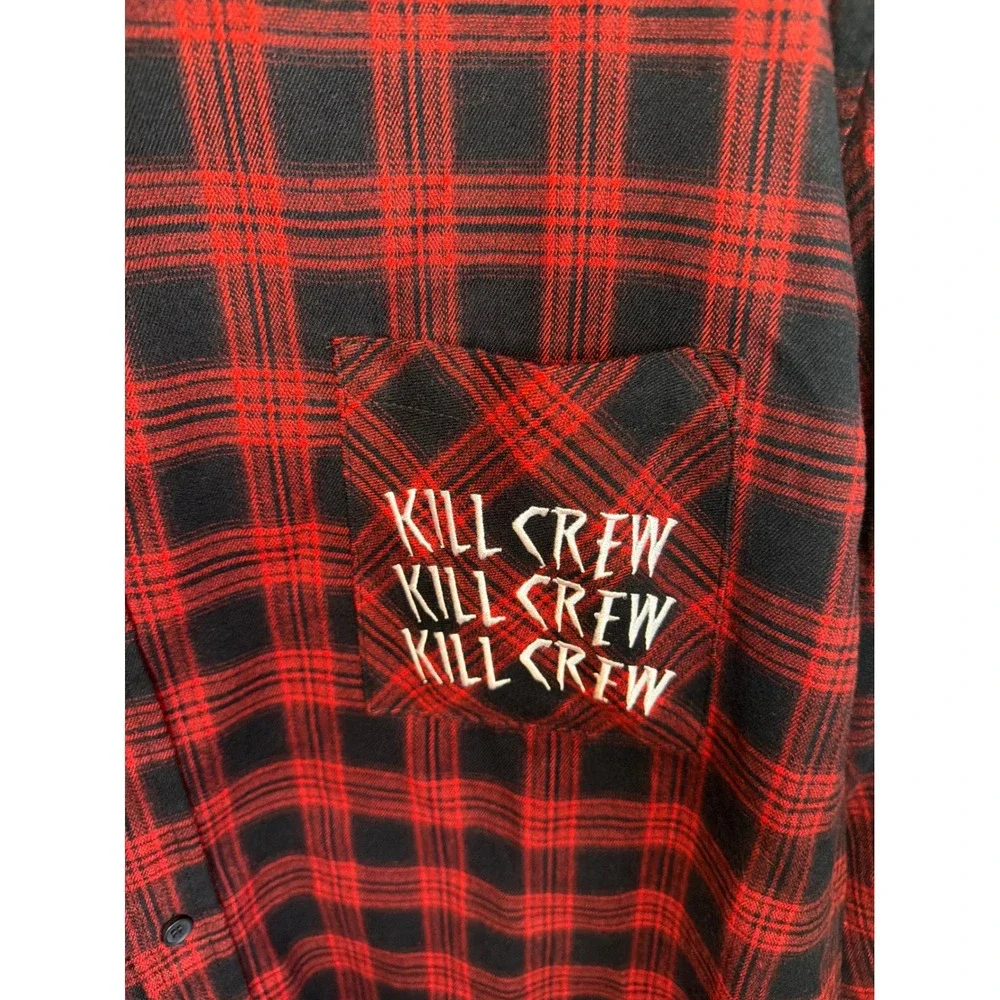 Kill Crew Porrada Series Red Black Plaid Flannel Shirt Mens 4XL Flaming Skull